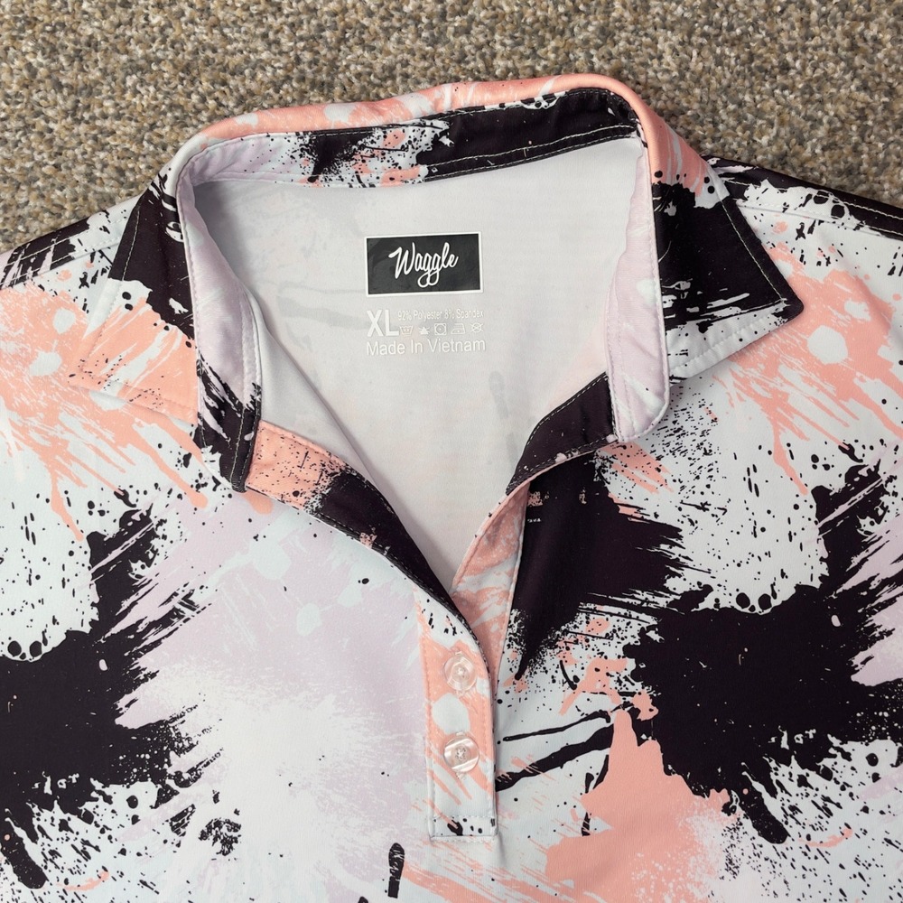 Waggle Golf Womens XL Polo Shirt Pink Black White Paint Splatter Performance Tee